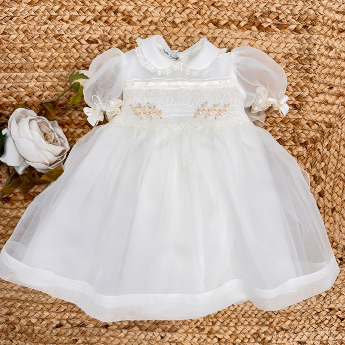 Abito battesimo bimba in organza di seta con ricami artigianali sul corpino