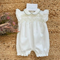 abito battesimo bimba panna con smock ricamato verde salvia