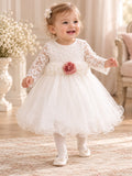Abito battesimo bimba in pizzo e tulle con fiori rosa, foto 2