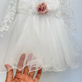 Abito battesimo bimba in pizzo e tulle con fiori rosa, foto 7