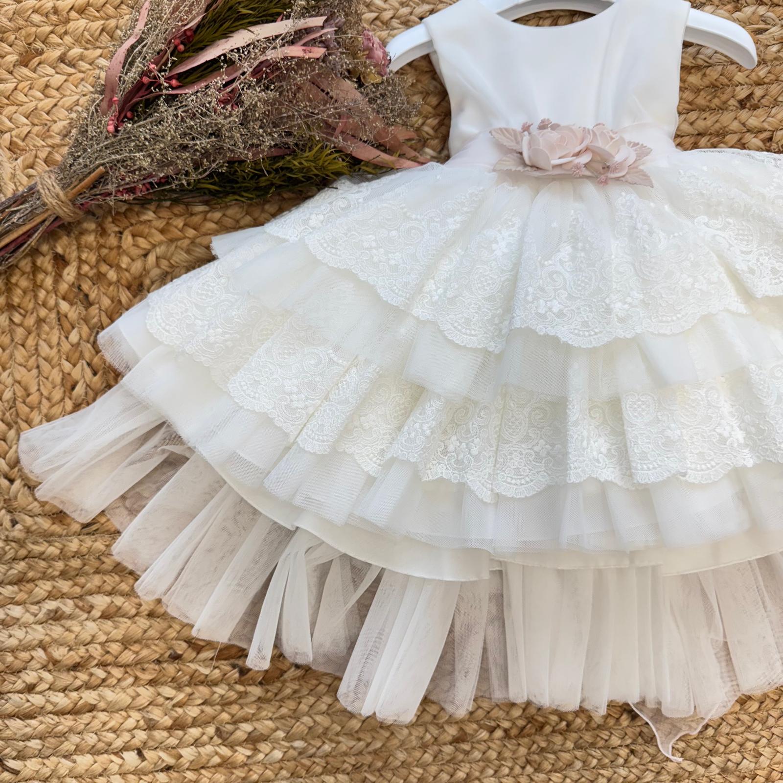 abito battesimo bimba con balze in pizzo e tulle