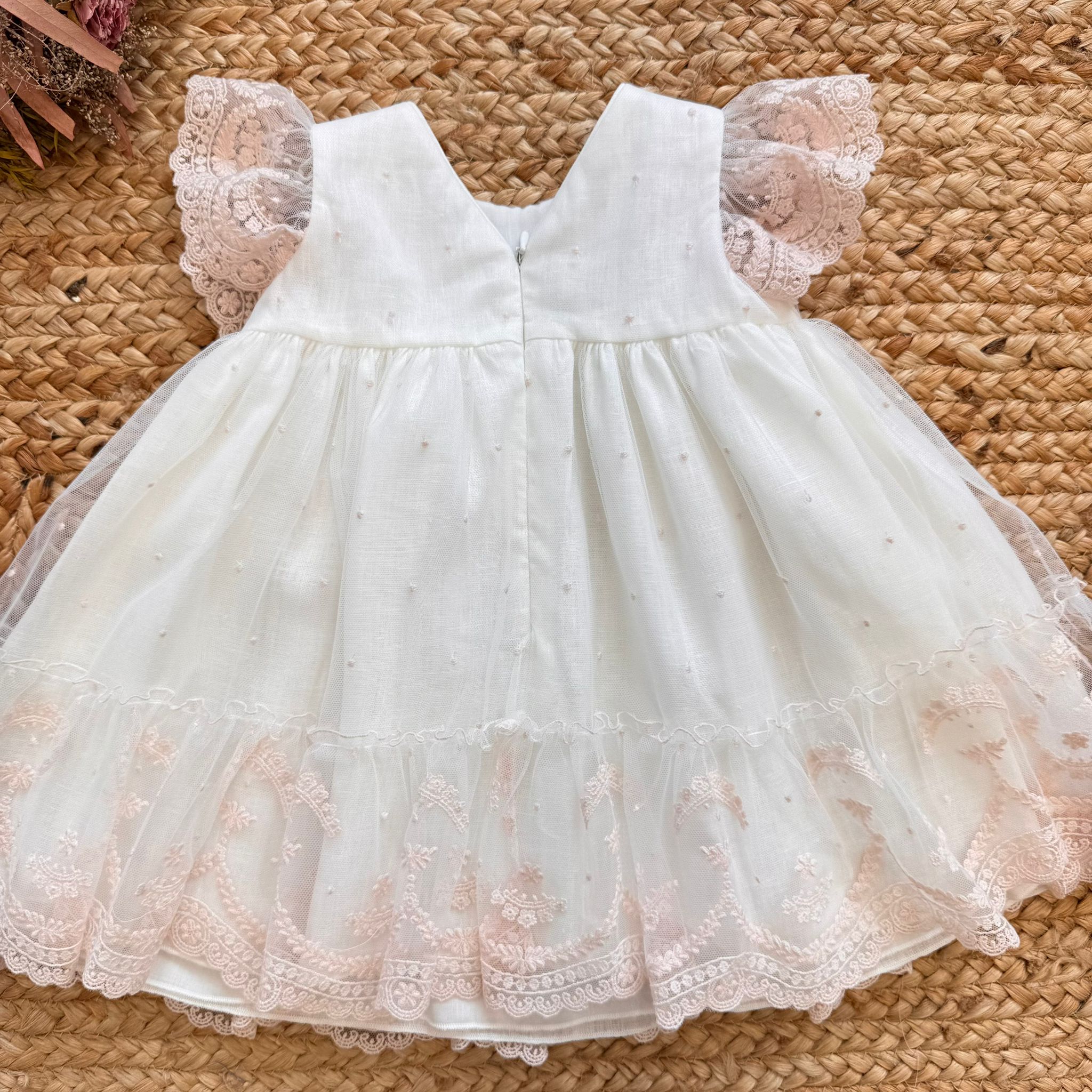 Retro abito battesimo bambina con zip e maniche in pizzo

