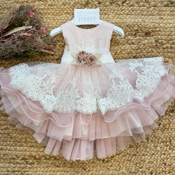 abito battesimo bimba rosa cipria con pizzo bianco