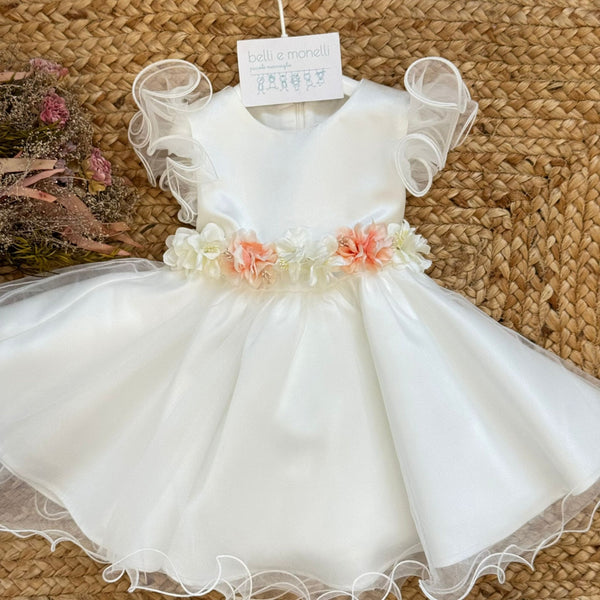 abito battesimo bimba elegante con tulle e cintura floreale panna pesca