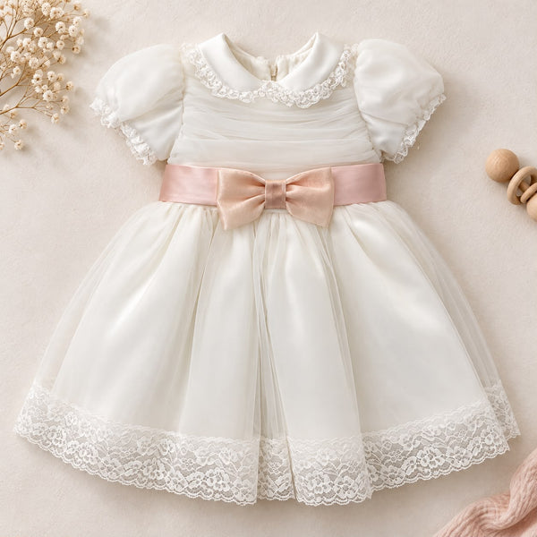 Abito battesimo bimba in tulle e pizzo con fiocco rosa cipria, foto 1