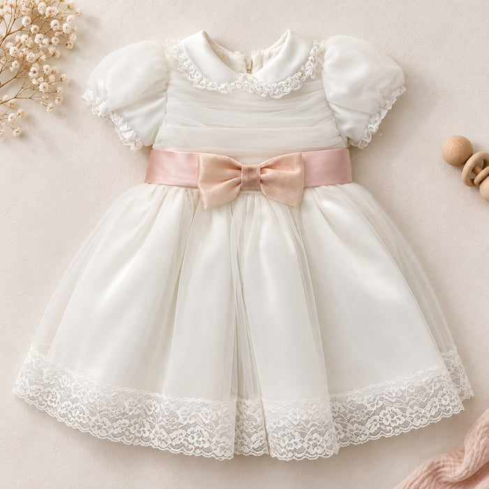 Abito battesimo bimba in tulle e pizzo con fiocco rosa cipria, foto 1