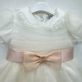 Abito battesimo bimba in tulle e pizzo con fiocco rosa cipria, foto 10