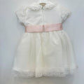 Abito battesimo bimba in tulle e pizzo con fiocco rosa cipria, foto 2