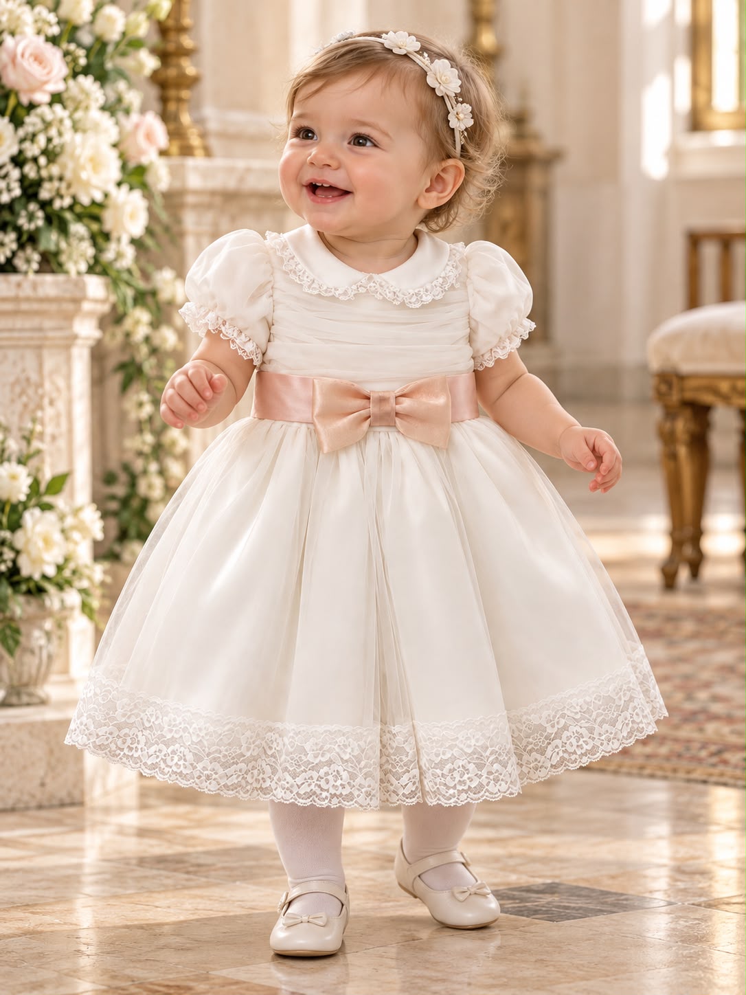 Abito battesimo bimba in tulle e pizzo con fiocco rosa cipria, foto 3