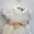 Abito battesimo bimba in tulle e pizzo con fiocco rosa cipria, foto 6