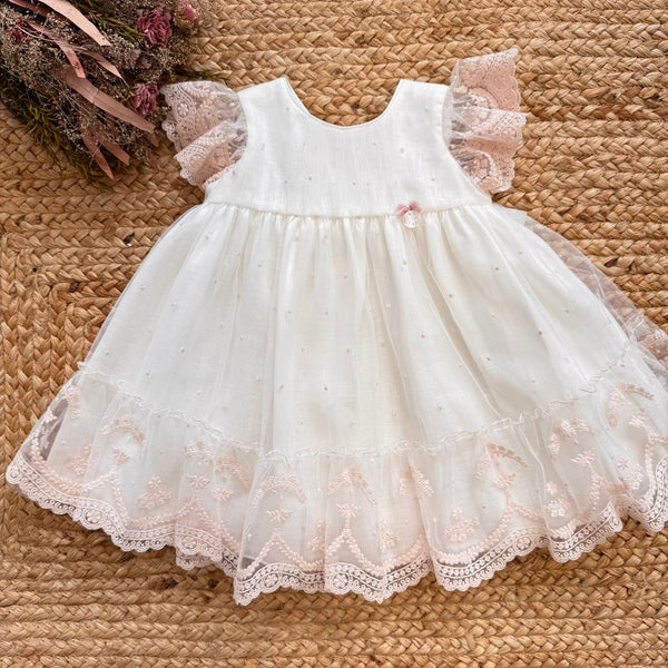 Abito battesimo bambina in tulle con maniche pizzo rosa