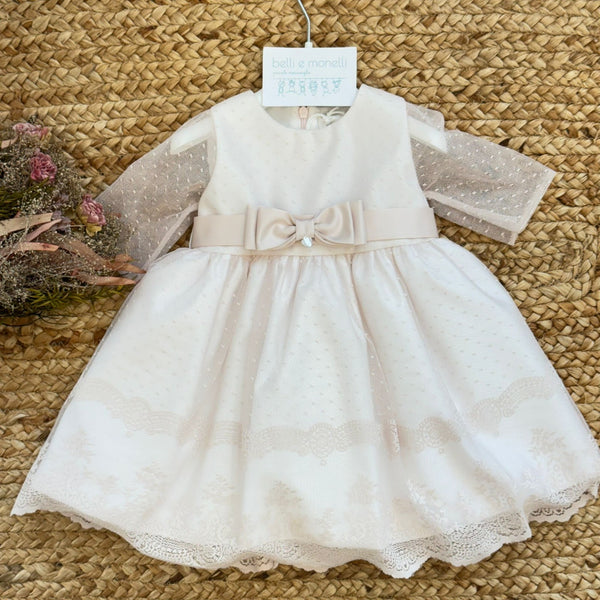 abito battesimo bimba con tulle plumetis e pizzo ricamato
