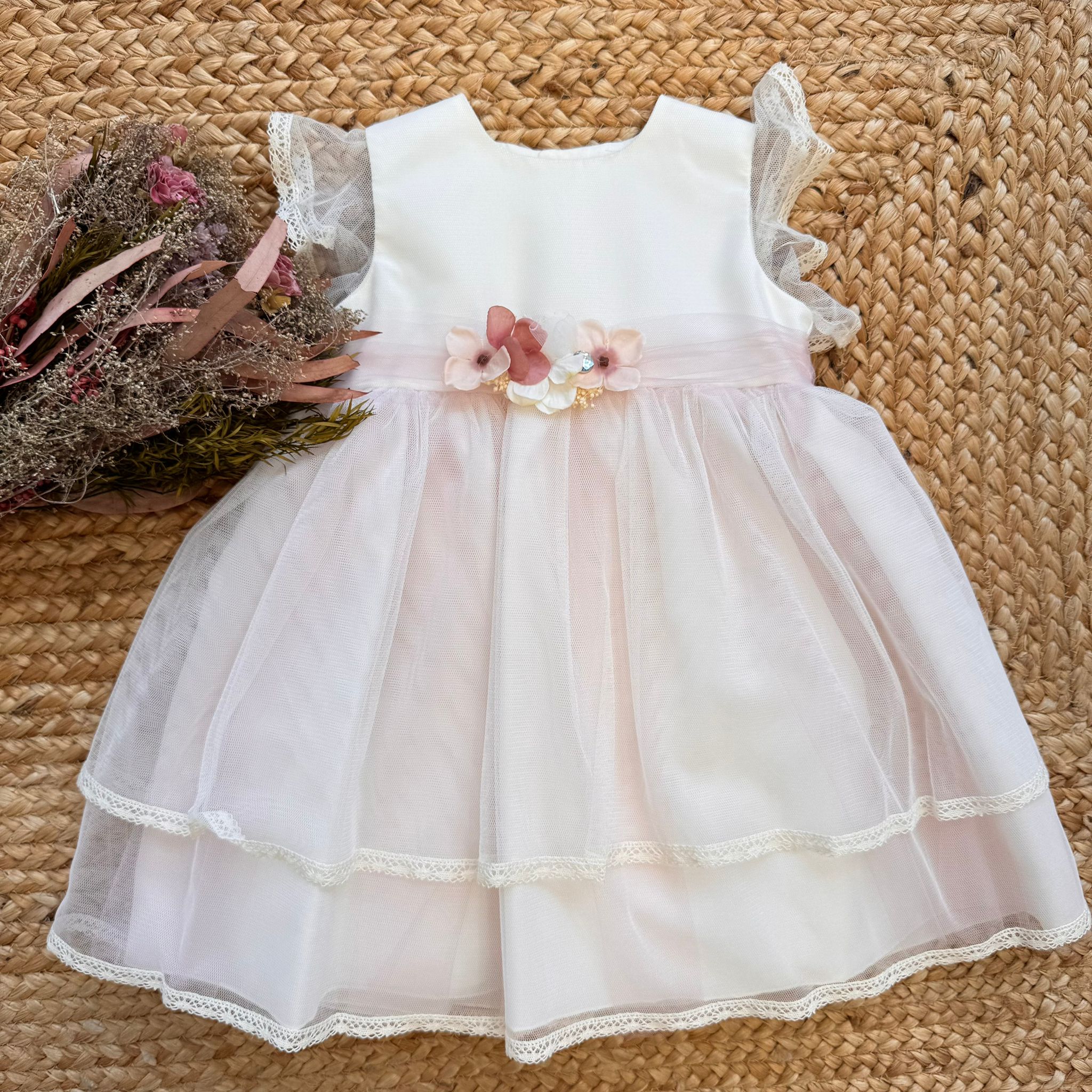 Abito battesimo bimba con fiori 3D e tulle rosa