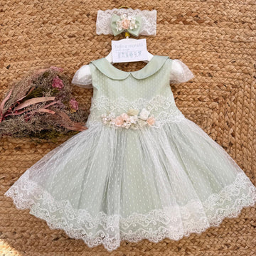 abito battesimo bimba verde salvia con pizzo