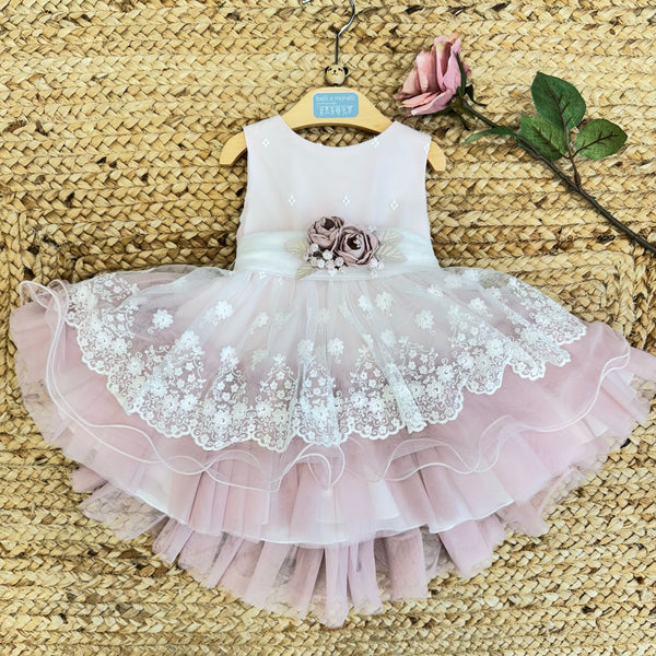 bito da battesimo Mimilu con base rosa e tulle ricamato bianco latte