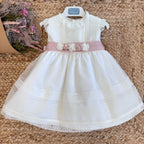 Abito battesimo neonata panna con cintura rosa cipria