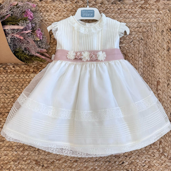 Abito battesimo neonata panna con cintura rosa cipria