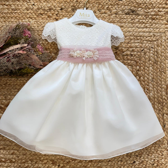 Abito battesimo neonata bianco con cintura rosa cipria