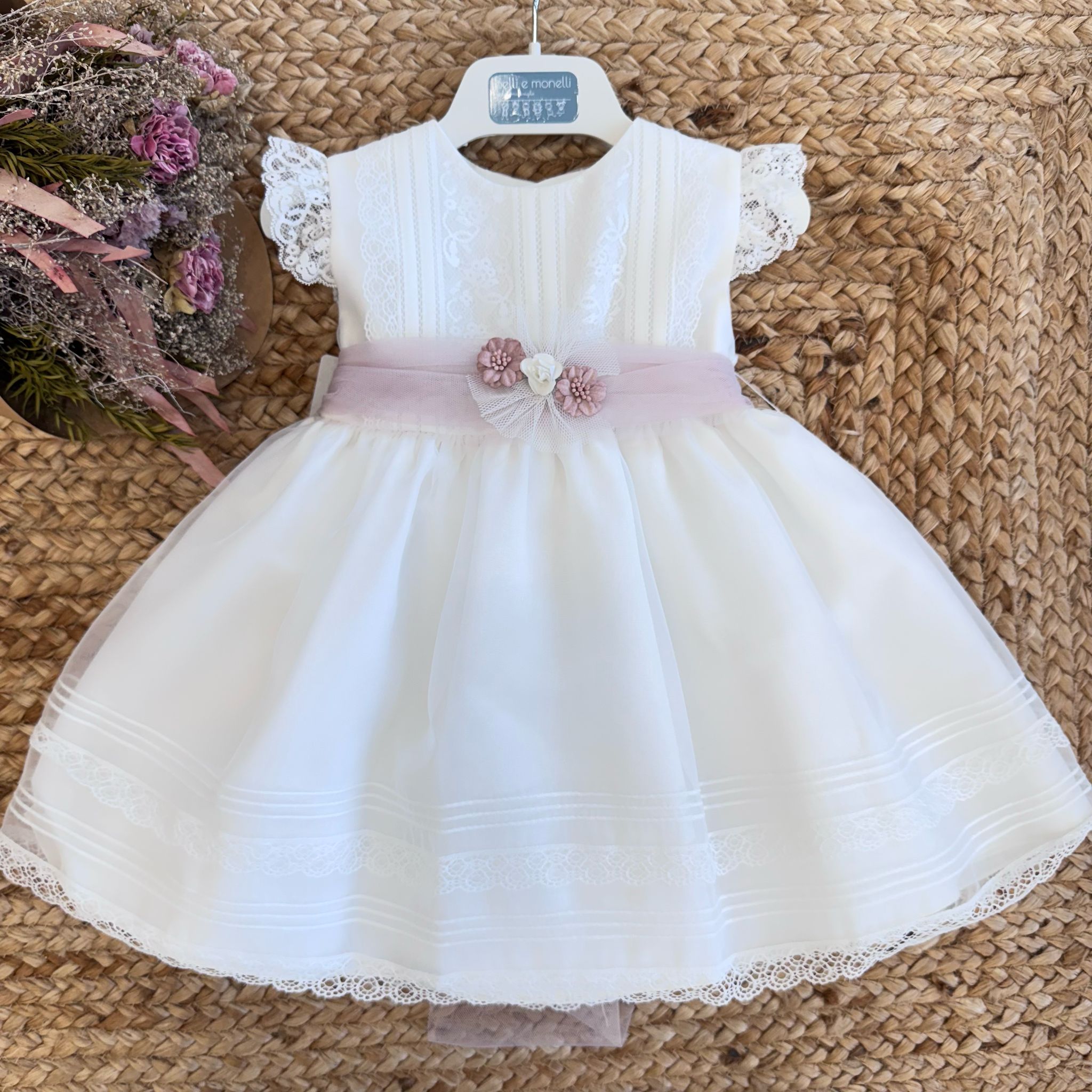 Abito battesimo panna neonata con fascia cipria e fiorellini