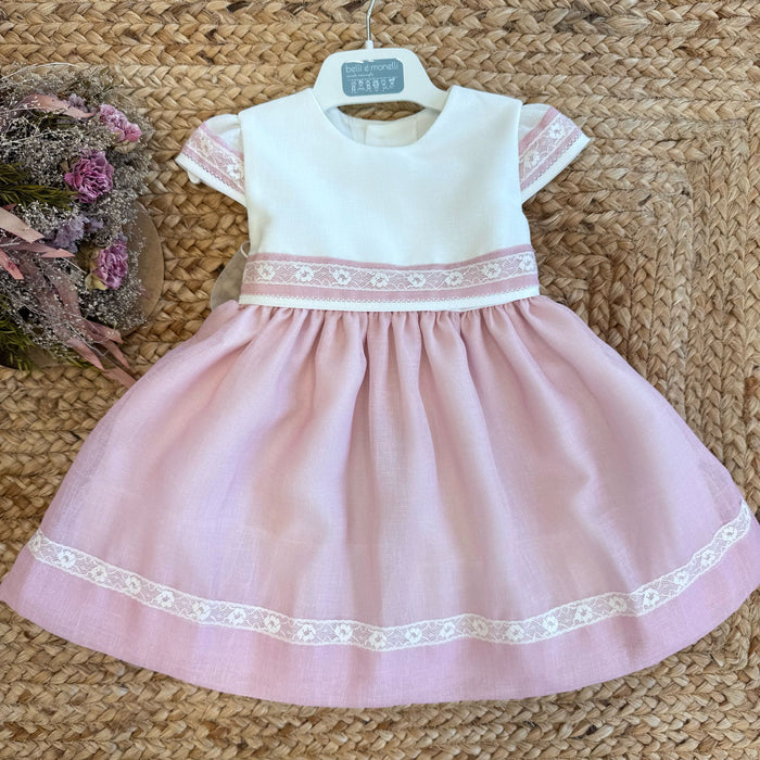 Abito battesimo rosa polvere con fiocco in organza