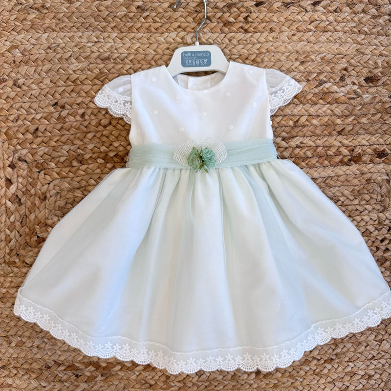 Abito battesimo verde salvia neonata con fiocco e fiore centrale