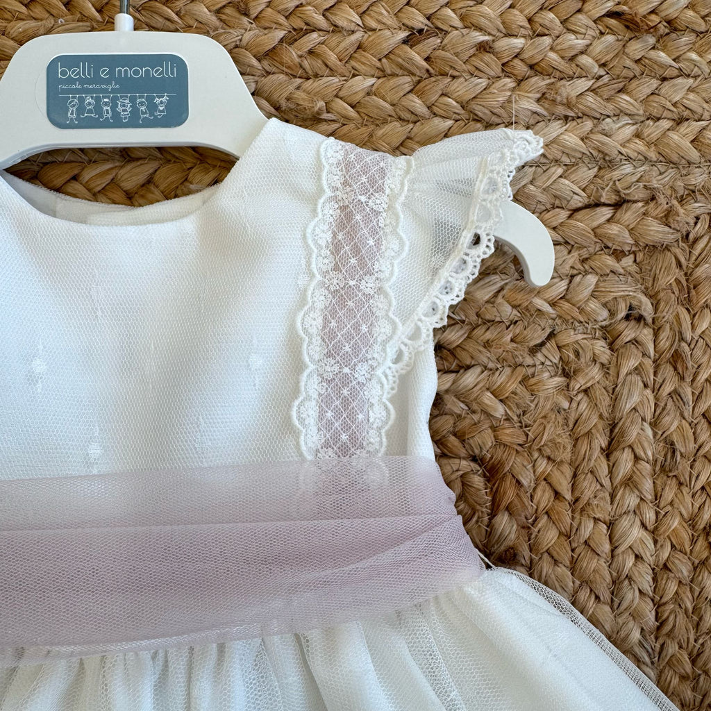 Retro abito battesimo con fiocco grande rosa cipria