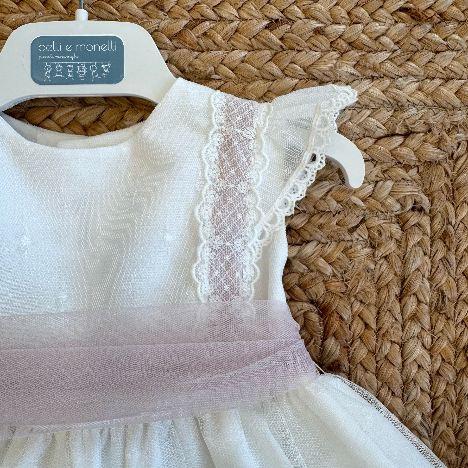 Retro abito battesimo con fiocco grande rosa cipria
