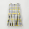 Abito bimba tartan grigio e giallo con cintura e fibbia a cuore