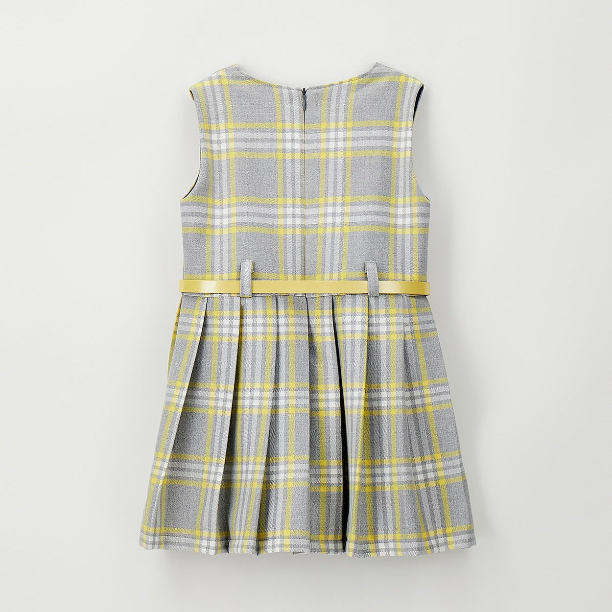 Abito bimba tartan grigio e giallo con cintura e fibbia a cuore