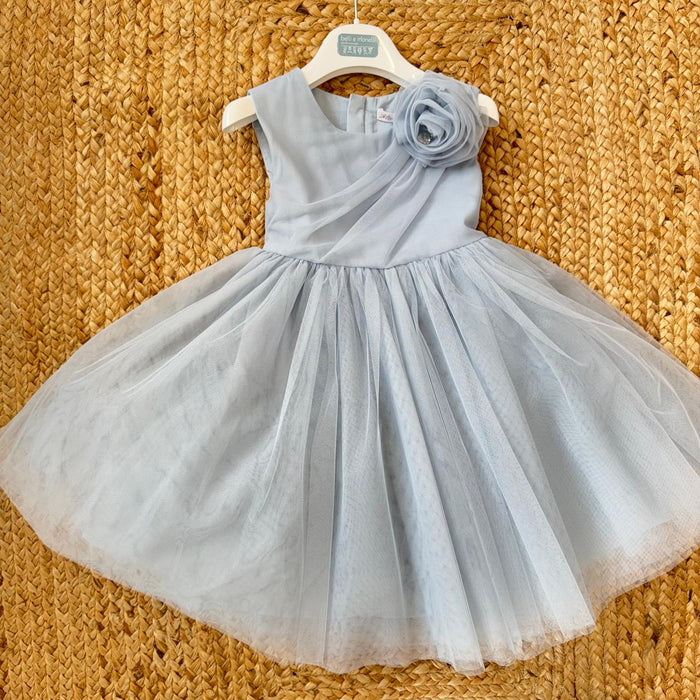 abito bimba elegante azzurro polvere con tulle e fiore