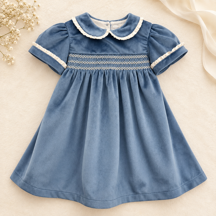 Abito bimba azzurro polvere in velluto con smock, foto 1