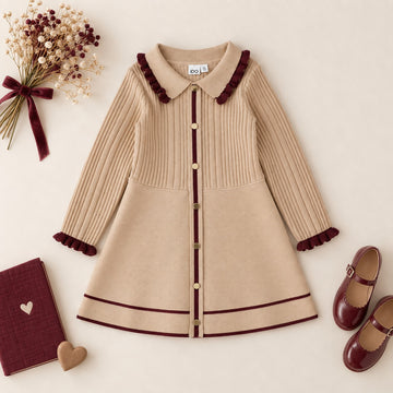 Abito bimba beige e bordeaux iDO con colletto, volant e bottoni frontali