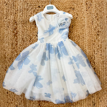 abito bimba elegante bianco e azzurro floreale con tulle