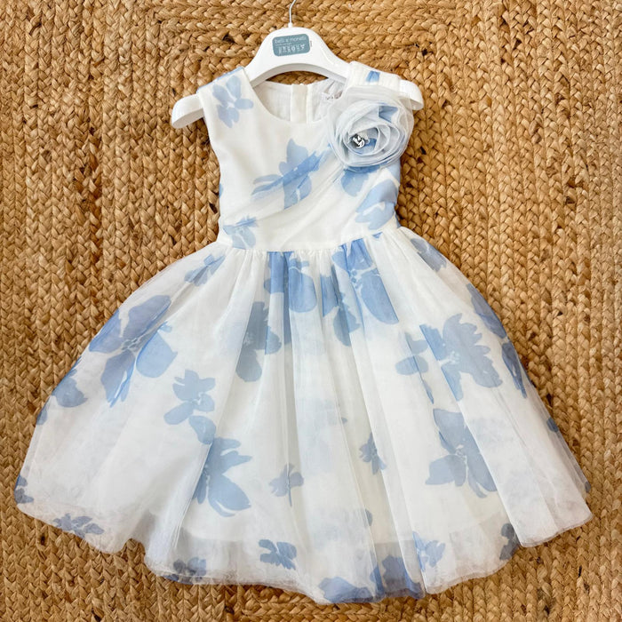 abito bimba elegante bianco e azzurro floreale con tulle