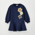 Abito bimba blu in cotone con fiori beige e panna applicati e gonna svasata