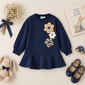 Abito bimba blu iDO con fiori applicati e gonna a balza