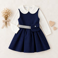 Abito bimba blu gessato con cintura argentata e taschina coordinata