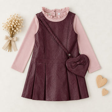 Abito bimba bordeaux effetto pelle con borsetta a cuore e fiocco
