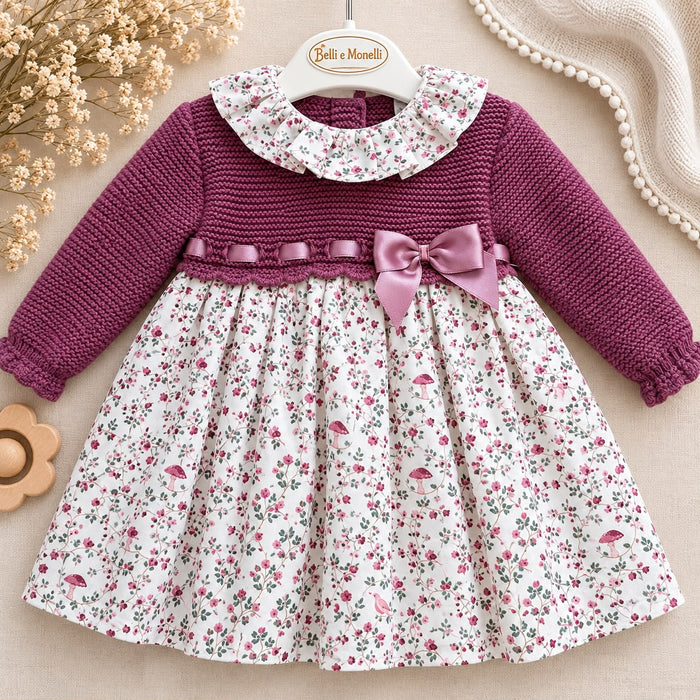 Abito bimba bordeaux in maglia con gonna floreale, colletto volant e fiocco in raso