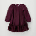 Abito bimba bordeaux in tulle con maniche lunghe velate e balza arricciata