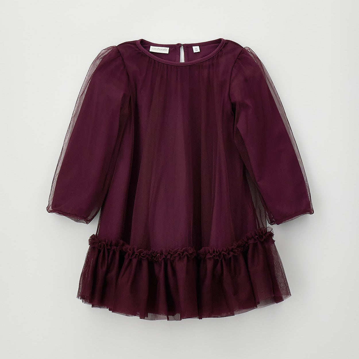 Abito bimba bordeaux in tulle con maniche lunghe velate e balza arricciata