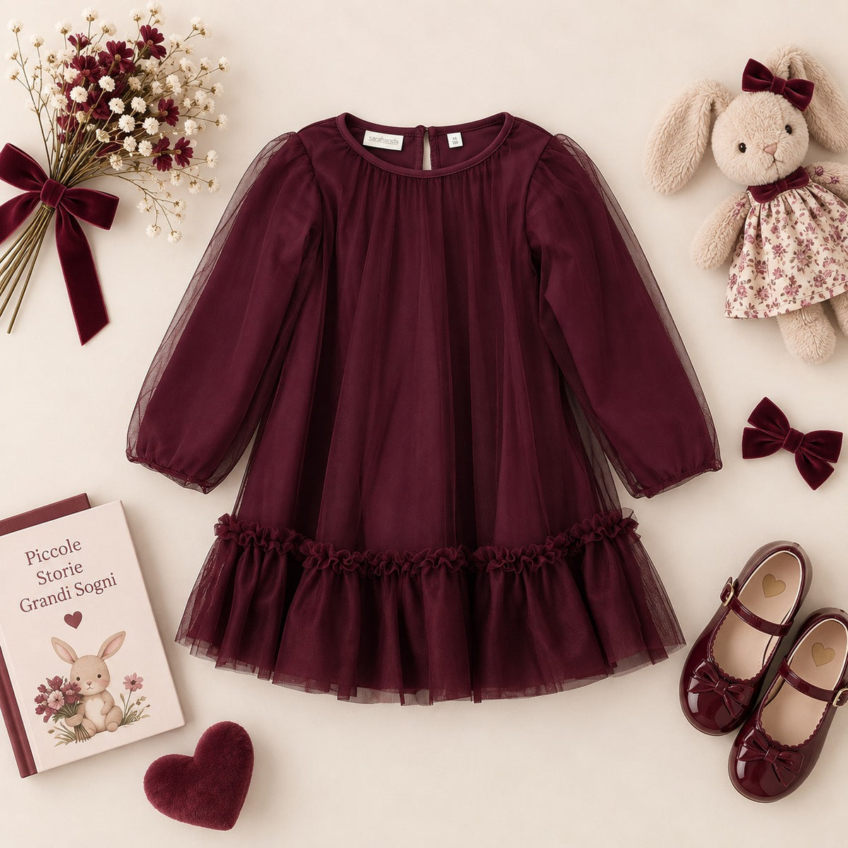 Abito bimba bordeaux Sarabanda in tulle con maniche lunghe e balza arricciata