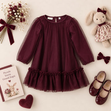 Abito bimba bordeaux Sarabanda in tulle con maniche lunghe e balza arricciata