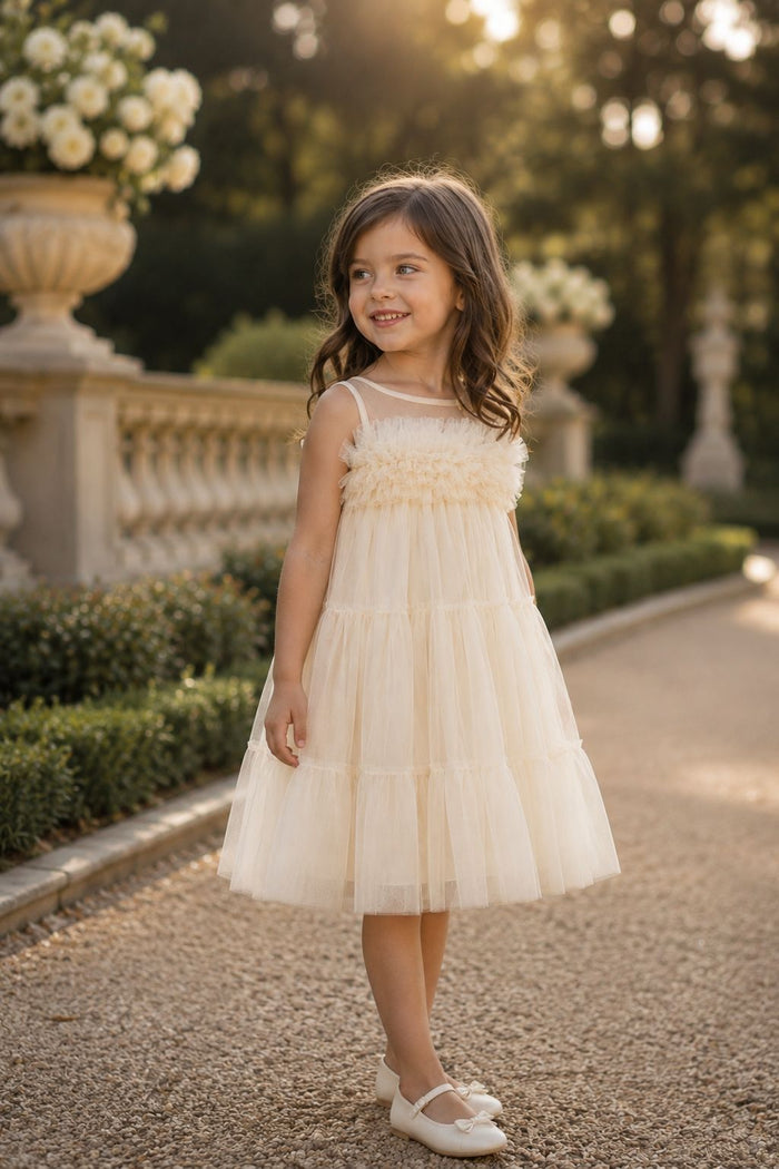 Abito bimba elegante color vaniglia in tulle per cerimonia