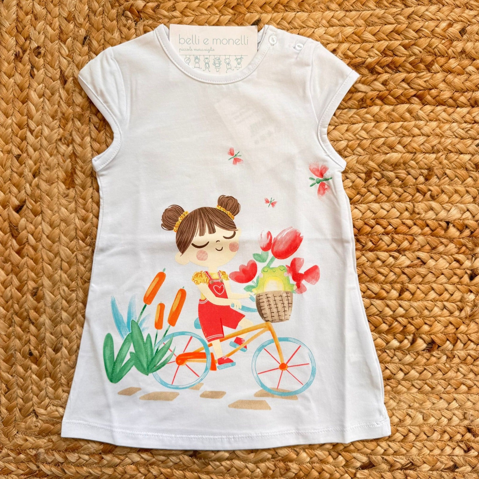 abito bimba cotone bianco stampa bambina in bicicletta stile mare
