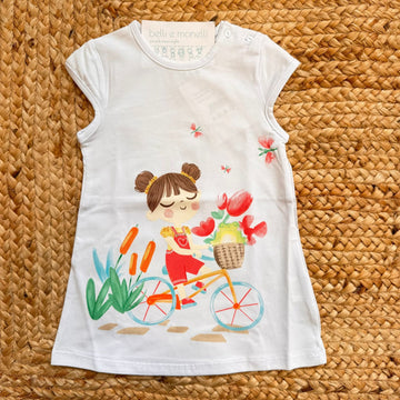 abito bimba cotone bianco stampa bambina in bicicletta stile mare