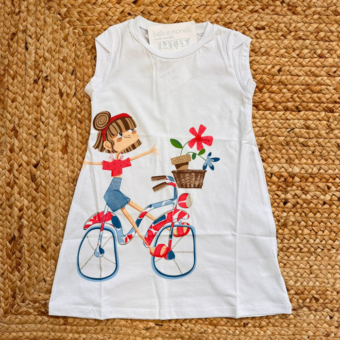 abito bimba cotone bianco con bambina bicicletta