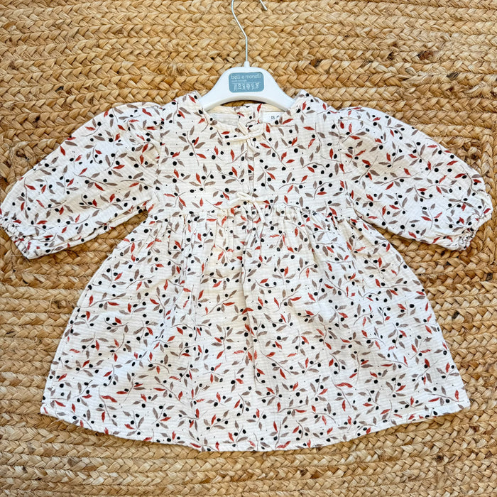 Abito bimba in 100% cotone con fantasia di foglie ruggine tortora e nere
