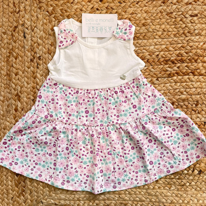 abito bimba cotone floreale rosa e verde con gonna a balze