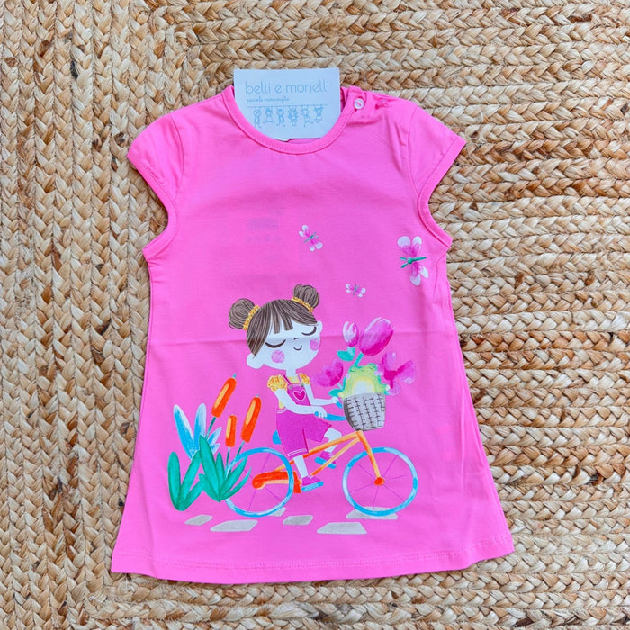 abito bimba cotone rosa stampa bambina in bicicletta stile mare